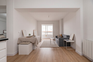 Apartment living room with window, gray three-seater sofa and wooden floors
