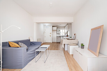 Apartment living room with open kitchen in the background, gray three-seater sofa, cream carpet and wooden floors.