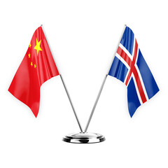 Two table flags isolated on white background 3d illustration, china and iceland