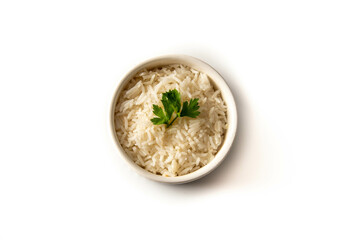 White rice in bowl isolated on white background top view