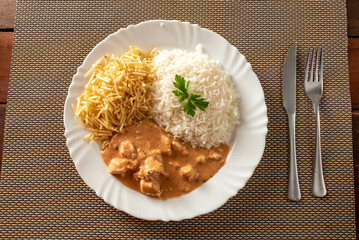 Chicken stroganoff accompanied with rice, salad and potato straw.