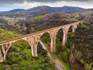Landscape and Viaduct of Guadalupe from above. Province of Caceres, Extremadura, Spain.