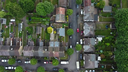 Aerial view of British Town of England Great Britain, Low level flight of drone. 