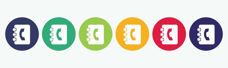 6 circles set with phone agenda icon in various colors. Vector illustration.