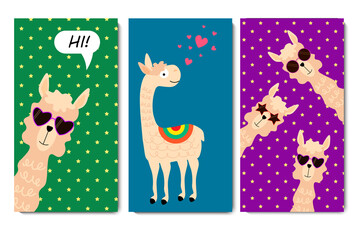 Postcard template with llamas. Funny animals on a colored background. Vector illustration. For holidays, cards and invitations, covers and brochures, prints for children, interior design, packaging
