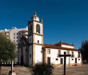 View of tower bell at the Vila Real Igreja do Calvario cathedral, in Vila Real Downtown