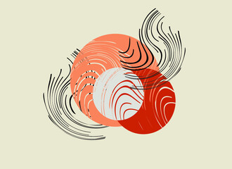 Obraz premium Trendy abstract minimalist artistic colored circles and wavy lines as postcard. Decorative composition with overlapping circles and black lines for emblems, textiles, interior solutions, etc.