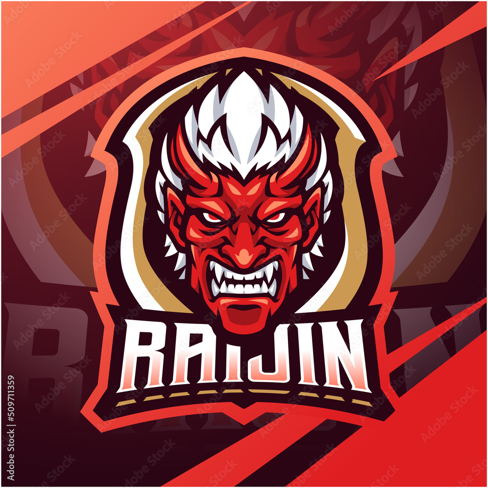 Poster raijin head esport mascot logo design