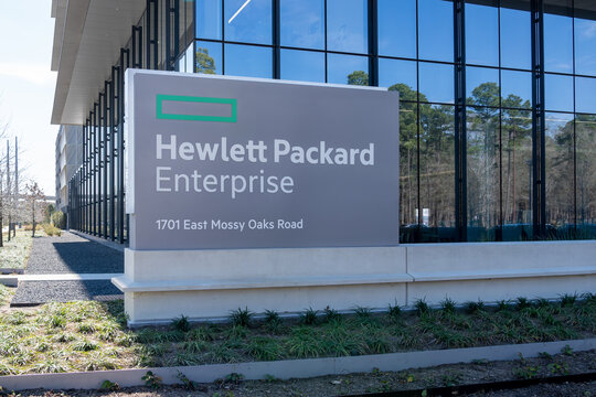 Houston, Texas, USA - March 2, 2022: Closeup of Hewlett Packard Enterprise ground sign at their office building in Houston, an American multinational enterprise information technology company. 