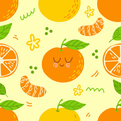 Mandarins seamless pattern for print, textile, fabric. Modern hand drawn stylized citrus fruits background