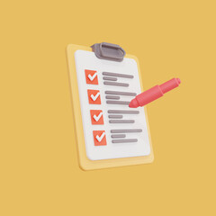 White clipboard with checklist on orange background. 3d rendering.