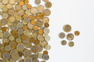 Turkish Lira all kind metal coins, designed on white surface