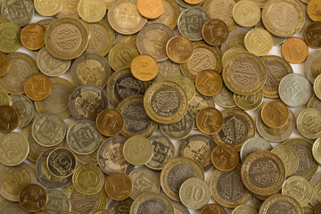 Turkish lira coins stacked on white surface,coins background.