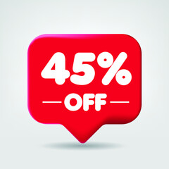 Sale of special offers red. Discount with the price 45 % 
forty-five OFF percentage. An ad with a red label for a day-of-purchase retail advertising campaign. 3D vector illustration.
