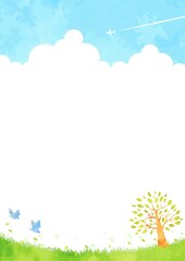 Obraz premium 優しい手描きの木と草原の背景イラスト