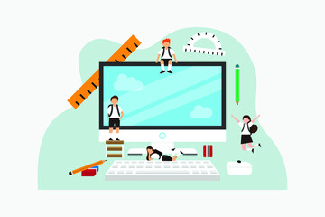Students with a desktop computer 2d flat vector illustration concept for banner, website, illustration, landing page, flyer, etc.