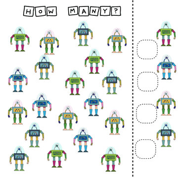 How many counting game with funny robots. Preschool worksheet, kids activity sheet, printable worksheet
