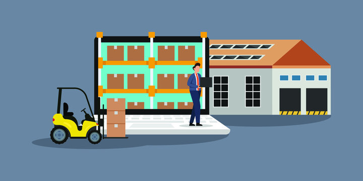 A warehouse with a box on a shelf and a man working on a laptop 2d flat vector illustration concept for banner, website, illustration, landing page, flyer, etc.