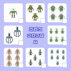 How many counting game with robots. Worksheet for preschool kids, kids activity sheet, printable worksheet