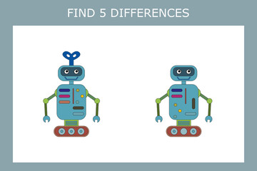 Educational game for children. Find 5 differences between the  robots and circle them