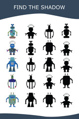 Funny multicolored robot. Find the correct shadow. Educational game for children.