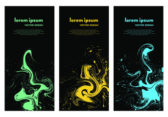 Black background with colored abstract ink splashes. Vector set illustrations