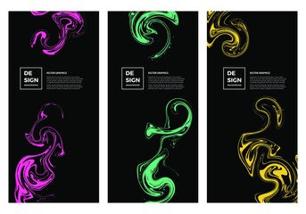 Black background with colored abstract ink. Vector set for flyers, posters, banners, invitations and more