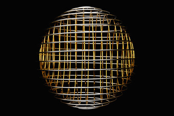 3D illustration of a    golden  metal   ball  with many faces on a  black background.  Cyber ball sphere