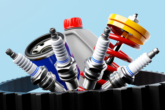 3d illustration of auto parts car  spark plugs, shock absorber, oil canister, fuel and air filters on blue  isolated background. Car Repair Parts