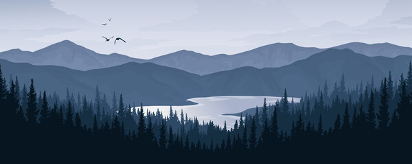 Beautiful vector illustration of mountains, pine forests and rivers and lakes. in the morning or evening.