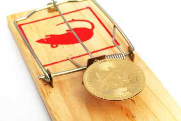 Bitcoin coin in a mousetrap isolated on white background 