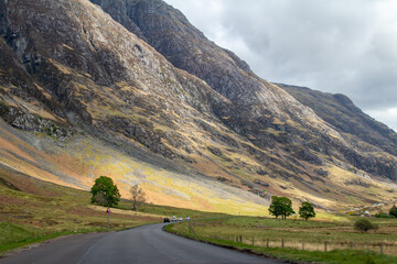 Scenic landscape view of the Scottish highlands in the western part of Scotland, with overcast sky