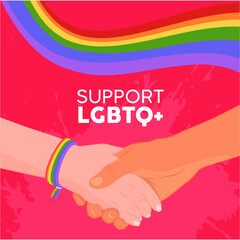 VECTORIAL ILLUSTRATION FOR LGBT PRIDE MONTH. GAY, LESBIAN, TRANSGENDER, NON-BINARY AND QUEER CONCEPT. SOLIDARITY HANDSHAKE IN SUPPORT OF THE LGBT COMMUNITY. ALLIES CONCEPT