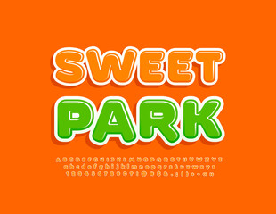 Vector tasty poster Sweet Park with orange Alphabet Letters, Numbers and Symbols set. Glossy bright Font