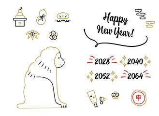 猿のイラスト　線画　申　干支　年賀状素材セット