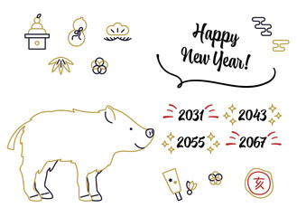 猪のイラスト　線画　亥　干支　年賀状素材セット