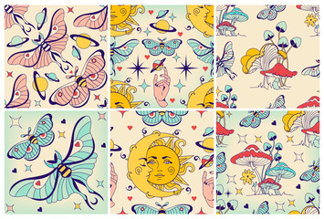 Vintage sacred seamless patterns with celestial witchcraft elements: sun, shrooms, moth, crescent moon. Retro miracle set. Backdrop for yoga, fabric design, witchcraft digital or wrapping paper