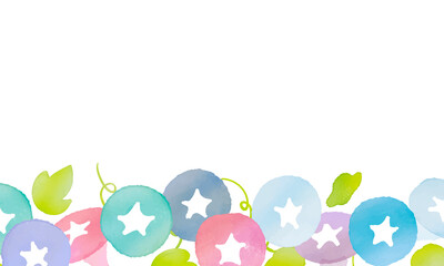 水彩画。水彩タッチのアサガオフレーム。グラデーションカラーのアサガオベクターイラスト。透明水彩で描いた朝顔。Watercolor painting. Morning glory frame with watercolor touch. Morning glory vector illustration with gradient color. Morning glory painted with 