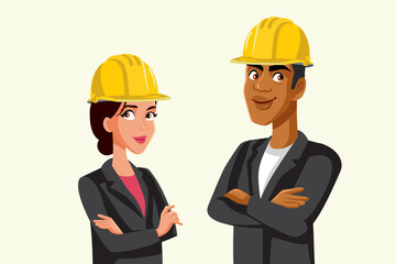 Team of Architects Standing with Arms Crossed Vector Cartoon Illustration. Couple of engineers supervising safety on a construction site 
 - obrazy, fototapety, plakaty