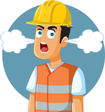Smiling Construction Worker Vector Cartoon Character. Disgruntled laborer feeling angry shouting his complaints
