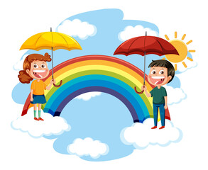 Two kids holding umbrella in the sky