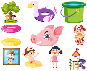 Set of different cute kids and objects