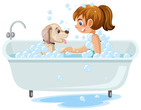 A girl taking a bath with a dog