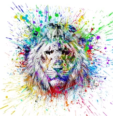 Poster lion head with creative colorful abstract elements on dark background color art © reznik_val