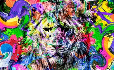 Foto op Plexiglas lion head with creative colorful abstract elements on dark background color art © reznik_val