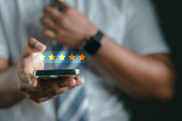 Satisfaction concept of business people using laptops to assess their satisfaction with organizational goals. online business network technology
