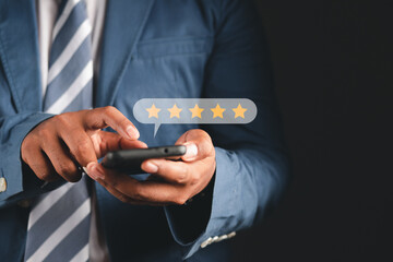 Satisfaction concept of business people using laptops to assess their satisfaction with organizational goals. online business network technology
