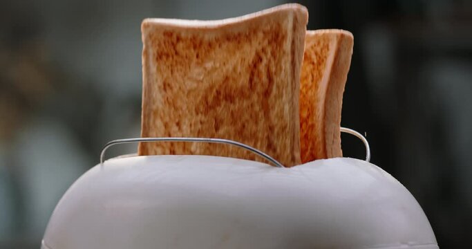 Close up of sliced roasted white bread popping from electric toaster. Kitchen appliance used for cooking healthy breakfast - food and drink 4k footage