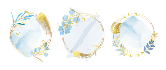 Fototapeta Luxury botanical gold wedding frame elements on white background. Set of geometric shapes, glitters, eucalyptus, leaf branches. Elegant watercolor foliage for wedding, card, invitation, greeting. obraz