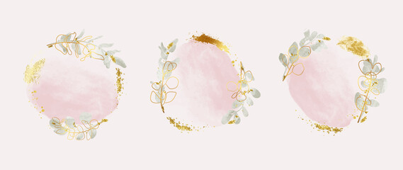 Luxury botanical gold wedding frame elements on white background. Set of geometric shapes, glitters, eucalyptus, leaf branches. Elegant watercolor foliage for wedding, card, invitation, greeting.